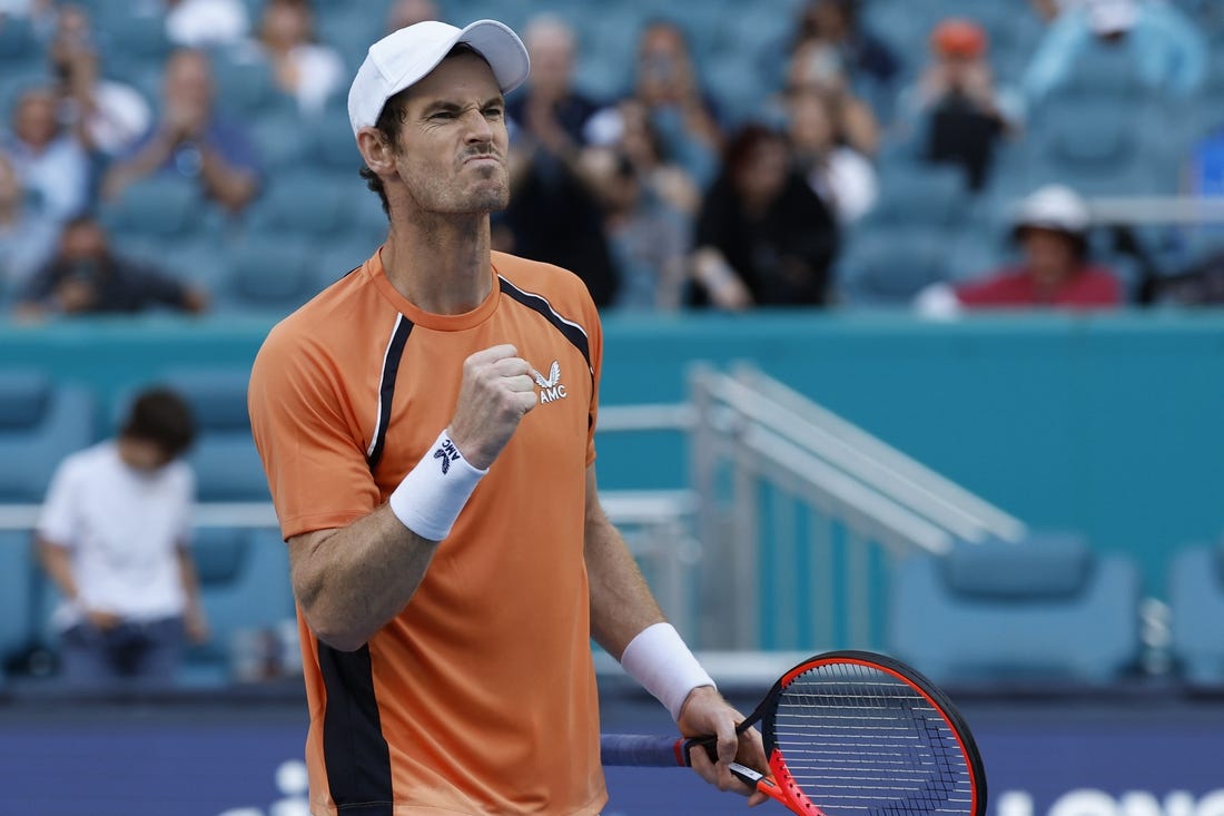 Mar 20, 2024; Miami Gardens, FL, USA; Andy Murray (GBR) celebrates after match point against Matteo Berrettini (ITA) (not pictured) on day three of the  Miami Open at Hard Rock Stadium. Mandatory Credit: Geoff Burke-USA TODAY Sports
