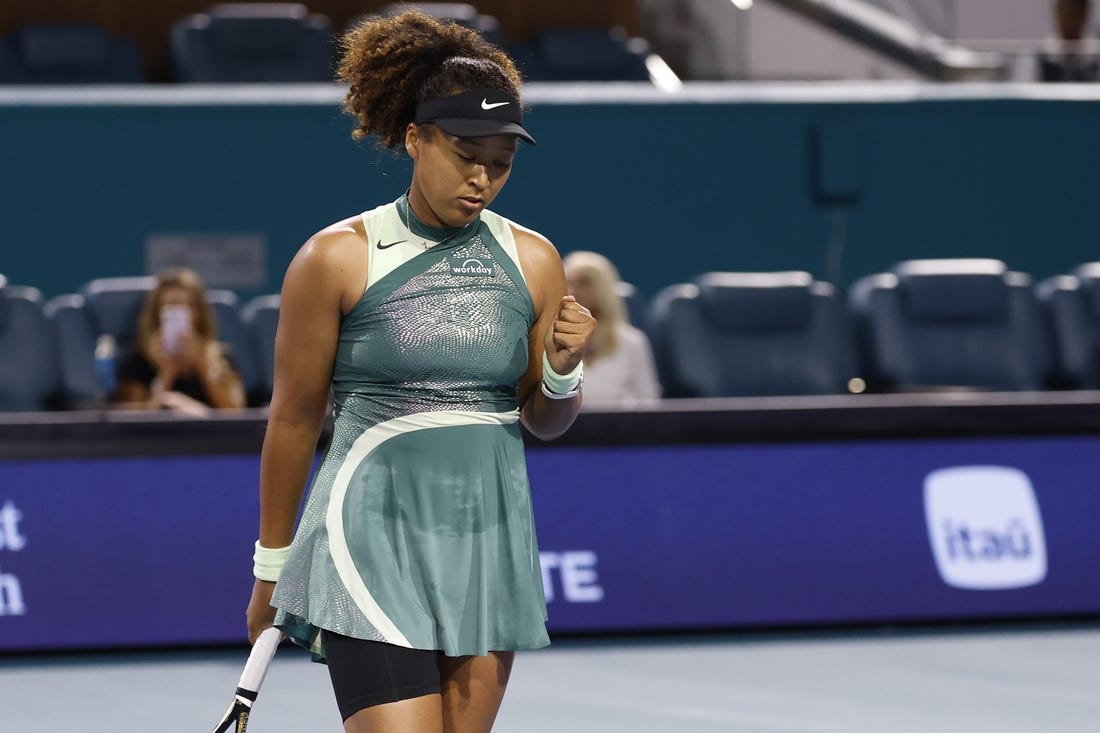 Mar 20, 2024; Miami Gardens, FL, USA; Naomi Osaka (JPN) reacts after match point against Elisabetta Cocciaretto (ITA) (not pictured) on day three of the  Miami Open at Hard Rock Stadium. Mandatory Credit: Geoff Burke-USA TODAY Sports