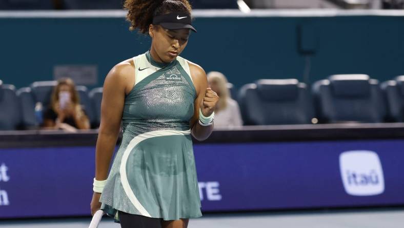 Mar 20, 2024; Miami Gardens, FL, USA; Naomi Osaka (JPN) reacts after match point against Elisabetta Cocciaretto (ITA) (not pictured) on day three of the  Miami Open at Hard Rock Stadium. Mandatory Credit: Geoff Burke-USA TODAY Sports