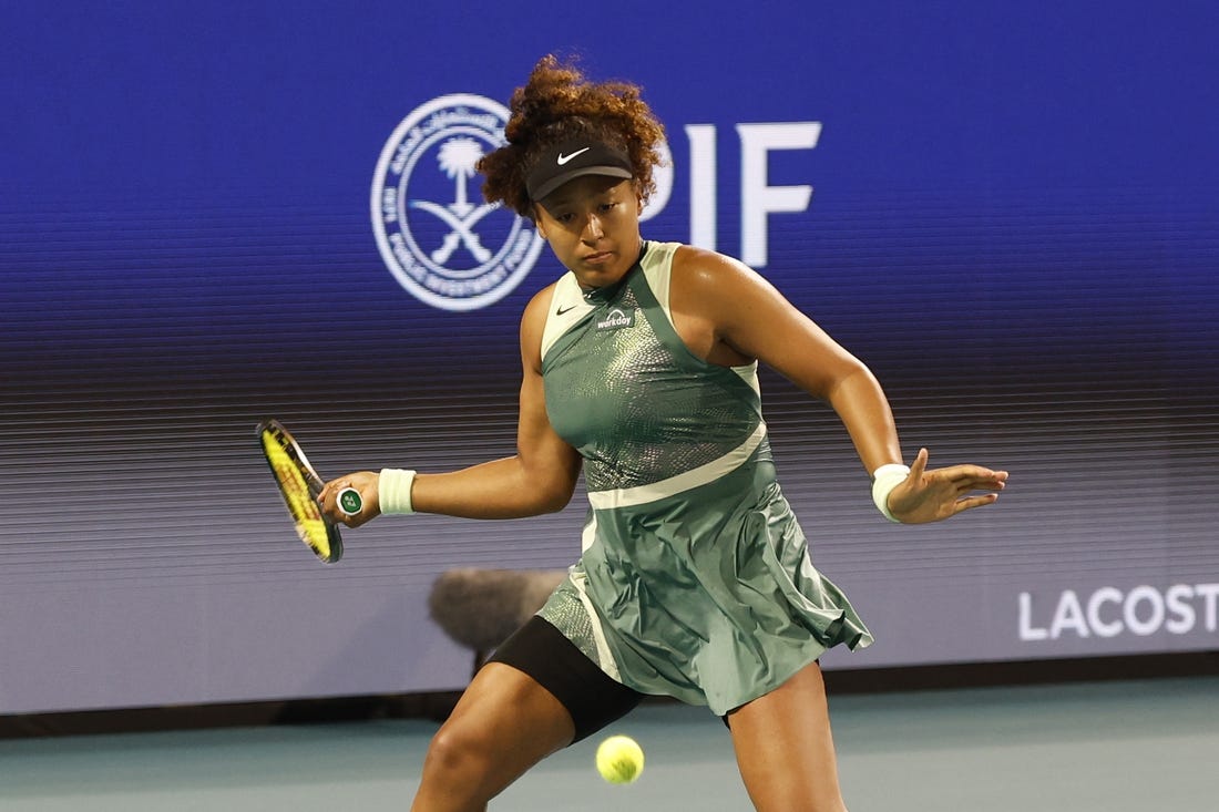 Mar 20, 2024; Miami Gardens, FL, USA; Naomi Osaka (JPN) hits a forehand against Elisabetta Cocciaretto (ITA) (not pictured) on day three of the Miami Open at Hard Rock Stadium. Mandatory Credit: Geoff Burke-USA TODAY Sports