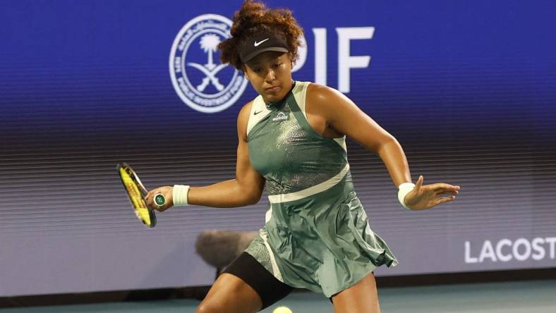 Mar 20, 2024; Miami Gardens, FL, USA; Naomi Osaka (JPN) hits a forehand against Elisabetta Cocciaretto (ITA) (not pictured) on day three of the Miami Open at Hard Rock Stadium. Mandatory Credit: Geoff Burke-USA TODAY Sports