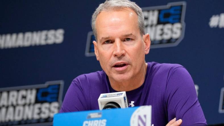 Mar 21, 2024; Brooklyn, NY, USA;  Northwestern coach Chris Collins talks to the media at a press conference at Barclays Center. Mandatory Credit: Robert Deutsch-USA TODAY Sports