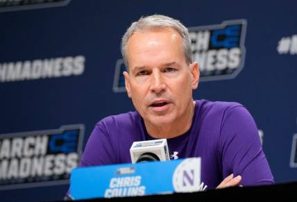 Mar 21, 2024; Brooklyn, NY, USA;  Northwestern coach Chris Collins talks to the media at a press conference at Barclays Center. Mandatory Credit: Robert Deutsch-USA TODAY Sports