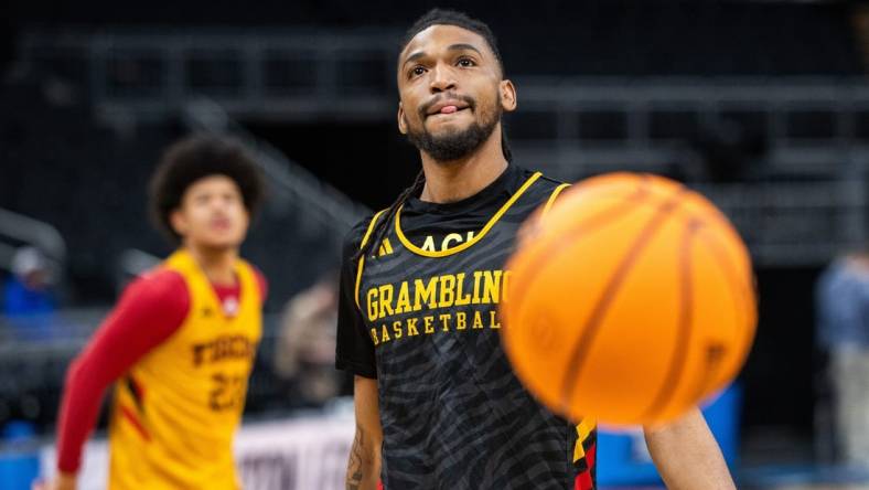 Mar 21, 2024; Indianapolis, IN, USA; Grambling State Tigers guard Jourdan Smith (11) during practice day at Gainbridge FieldHouse. Mandatory Credit: Trevor Ruszkowski-USA TODAY Sports