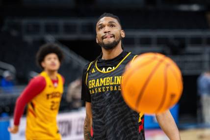 Mar 21, 2024; Indianapolis, IN, USA; Grambling State Tigers guard Jourdan Smith (11) during practice day at Gainbridge FieldHouse. Mandatory Credit: Trevor Ruszkowski-USA TODAY Sports