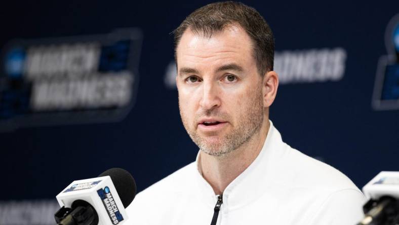 Mar 21, 2024; Indianapolis, IN, USA; Utah State Aggies head coach Danny Sprinkle talks to the media during the practice day at Gainbridge FieldHouse. Mandatory Credit: Trevor Ruszkowski-USA TODAY Sports