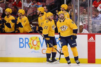 Mar 21, 2024; Sunrise, Florida, USA; Nashville Predators left wing Filip Forsberg (9) looks on after scoring against the Florida Panthers during the second period at Amerant Bank Arena. Mandatory Credit: Sam Navarro-USA TODAY Sports