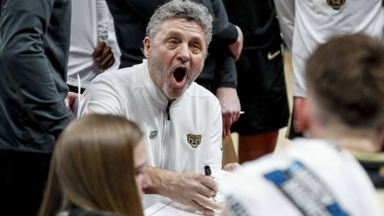 Mar 21, 2024; Pittsburgh, PA, USA; Oakland Golden Grizzlies head coach Greg Kampe reacts to a play during the second half in the first round of the 2024 NCAA Tournament at PPG Paints Arena. Mandatory Credit: Charles LeClaire-USA TODAY Sports