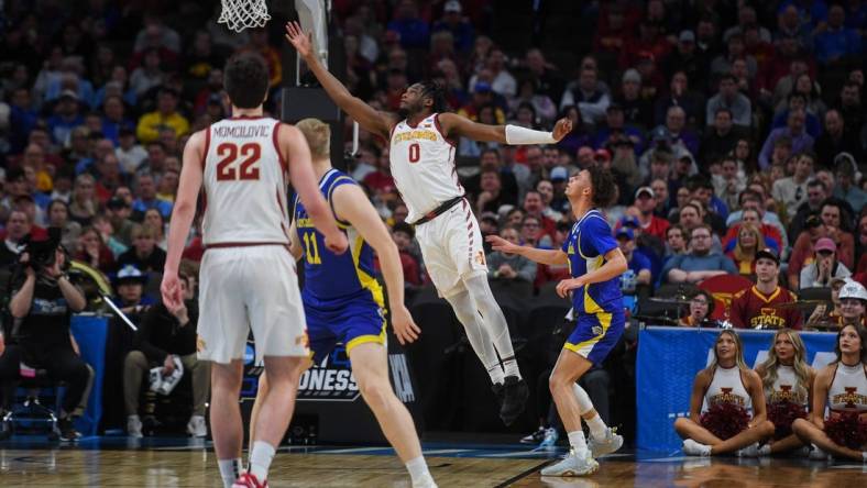 Iowa State Cyclones forward Tre King (0) jumps for the lay up during the second half on Thursday, March 21, 2024 at the CHI Health Center in Omaha, Nebraska.