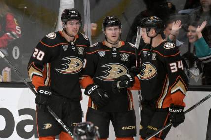 Mar 21, 2024; Anaheim, California, USA;  Anaheim Ducks right wing Brett Leason (20) is congratulated by center Ben Meyers (39) and defenseman Pavel Mintyukov (34) after scoring a goal in the second period against the Chicago Blackhawks at Honda Center. Mandatory Credit: Jayne Kamin-Oncea-USA TODAY Sports