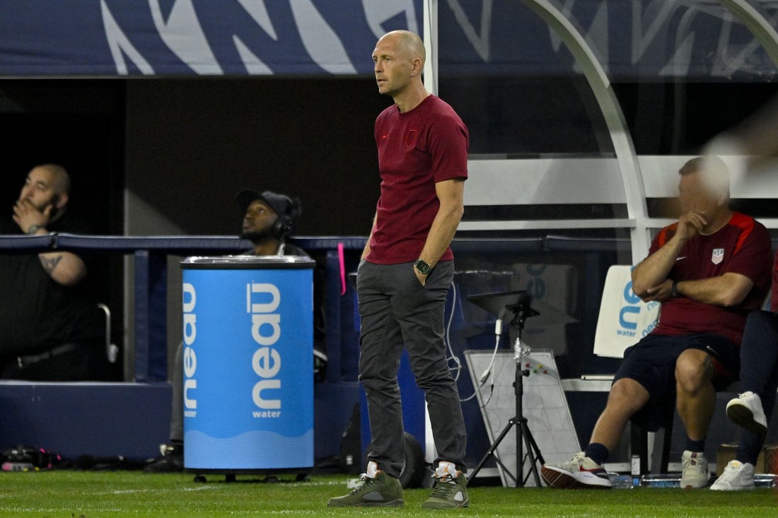 Mar 21, 2024; Arlington, Texas, USA; United States head coach Gregg Berhalter during the game between the United States and Jamaica at AT&T Stadium. Mandatory Credit: Jerome Miron-USA TODAY Sports
