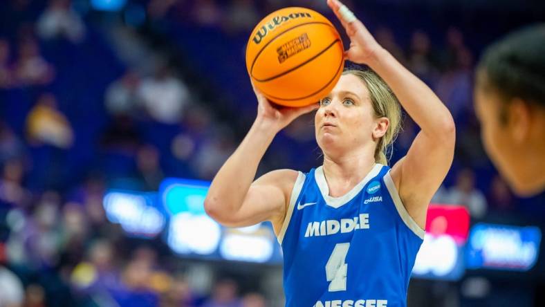 Savannah Wheeler 4 at the free throw line as The Louisville Cardinals take on the Middle Tennessee Blue Raiders in the 1st round of the 2024 NCAA Tournament in Baton Rouge, LA at the Pete Maravich Assembly Center. 
Friday, March 22, 2024.