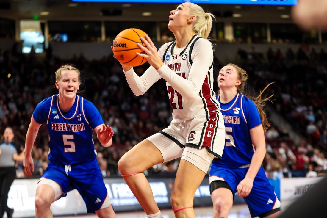 Mar 22, 2024; Columbia, SC, USA; South Carolina Gamecocks forward Chloe Kitts (21) drives against the Presbyterian Blue Hose in the first half at Colonial Life Arena. Mandatory Credit: Jeff Blake-USA TODAY Sports