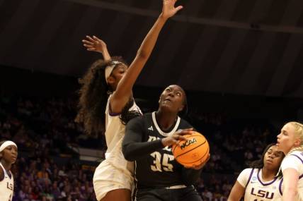 Mar 22, 2024; Baton Rouge, Louisiana, USA; LSU Lady Tigers forward Angel Reese (10) blocks the shot attempt by Rice Owls center Sussy Ngulefac (35) during the first half at Pete Maravich Assembly Center. Mandatory Credit: Stephen Lew-USA TODAY Sports
