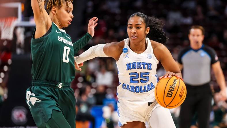 Mar 22, 2024; Columbia, SC, USA; North Carolina Tar Heels guard Deja Kelly (25) drives around Michigan State Spartans guard DeeDee Hagemann (0) in the second half at Colonial Life Arena. Mandatory Credit: Jeff Blake-USA TODAY Sports