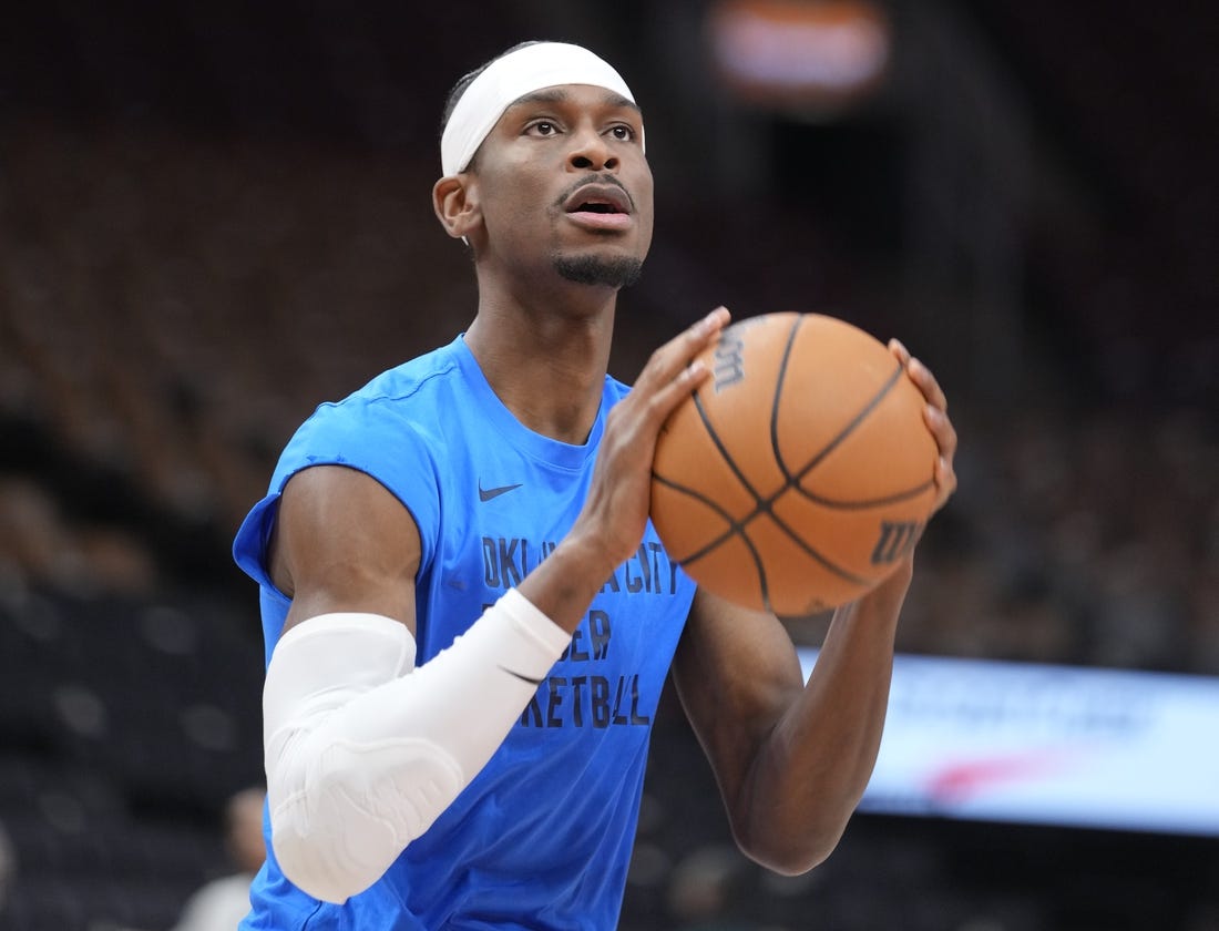 Mar 22, 2024; Toronto, Ontario, CAN; Oklahoma City Thunder guard Shai Gilgeous-Alexander (2) goes to shoot a basket during warm up before a game against the Toronto Raptors at Scotiabank Arena. Mandatory Credit: John E. Sokolowski-USA TODAY Sports