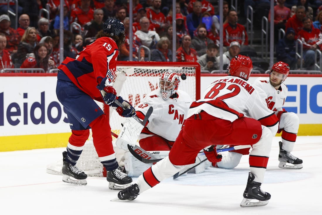 Mar 22, 2024; Washington, District of Columbia, USA; Washington Capitals left wing Sonny Milano (15) scores a goal past Carolina Hurricanes goaltender Pyotr Kochetkov (52) during the first period at Capital One Arena. Mandatory Credit: Amber Searls-USA TODAY Sports