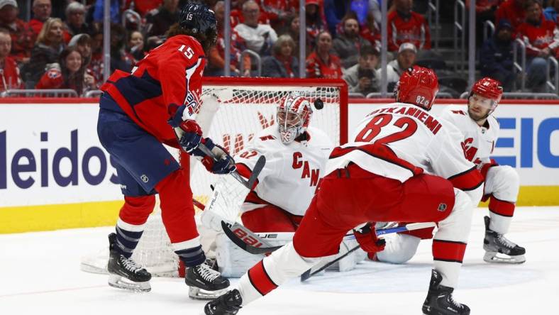 Mar 22, 2024; Washington, District of Columbia, USA; Washington Capitals left wing Sonny Milano (15) scores a goal past Carolina Hurricanes goaltender Pyotr Kochetkov (52) during the first period at Capital One Arena. Mandatory Credit: Amber Searls-USA TODAY Sports