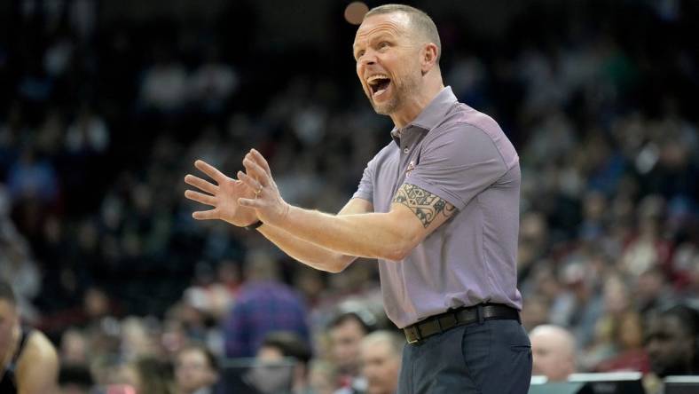 Mar 22, 2024; Spokane, WA, USA; Charleston Cougars head coach Pat Kelsey during the first half in the first round of the 2024 NCAA Tournament against the Charleston Cougars at Spokane Veterans Memorial Arena. Mandatory Credit: Kirby Lee-USA TODAY Sports