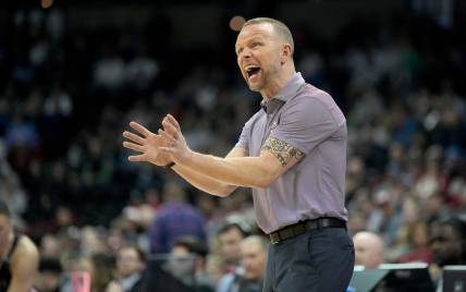 Mar 22, 2024; Spokane, WA, USA; Charleston Cougars head coach Pat Kelsey during the first half in the first round of the 2024 NCAA Tournament against the Charleston Cougars at Spokane Veterans Memorial Arena. Mandatory Credit: Kirby Lee-USA TODAY Sports