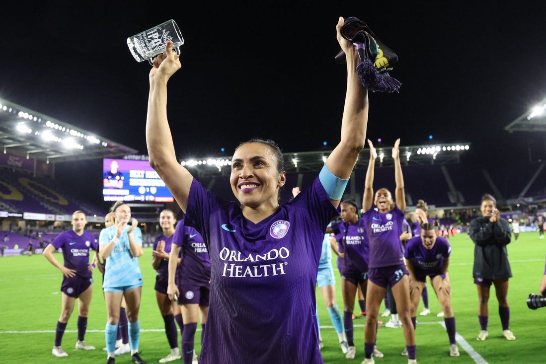 Mar 22, 2024; Orlando, Florida, USA;  Orlando Pride forward Marta (10) celebrates after second half against Angel City FC at Inter&Co Stadium. Mandatory Credit: Nathan Ray Seebeck-USA TODAY Sports