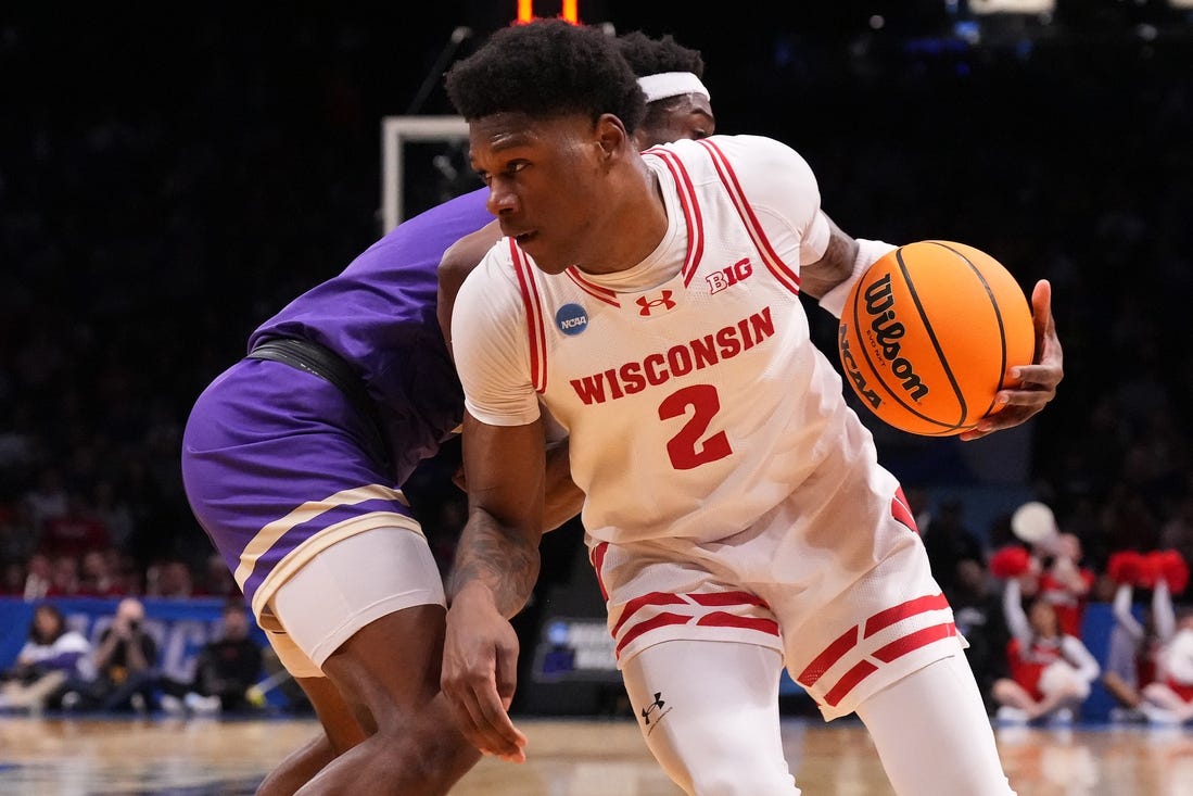 Mar 22, 2024; Brooklyn, NY, USA; Wisconsin Badgers guard AJ Storr (2) dribbles the ball against the James Madison Dukes in the first round of the 2024 NCAA Tournament at the Barclays Center.  Mandatory Credit: Robert Deutsch-USA TODAY Sports