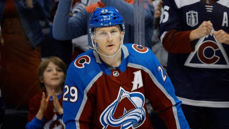 Mar 22, 2024; Denver, Colorado, USA; Colorado Avalanche center Nathan MacKinnon (29) after his goal in the third period against the Columbus Blue Jackets at Ball Arena. Mandatory Credit: Isaiah J. Downing-USA TODAY Sports