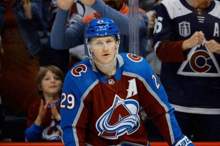 Mar 22, 2024; Denver, Colorado, USA; Colorado Avalanche center Nathan MacKinnon (29) after his goal in the third period against the Columbus Blue Jackets at Ball Arena. Mandatory Credit: Isaiah J. Downing-USA TODAY Sports