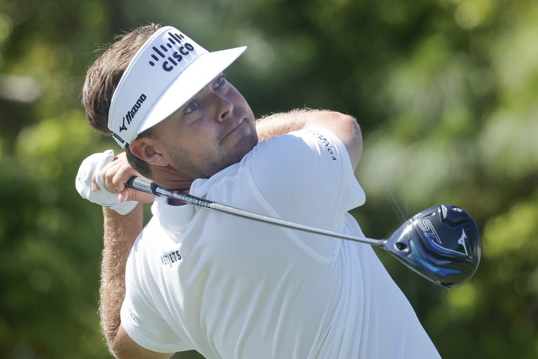 Mar 23, 2024; Palm Harbor, Florida, USA; Keith Mitchell plays his shot on the first tee during the third round of the Valspar Championship golf tournament. Mandatory Credit: Reinhold Matay-USA TODAY Sports