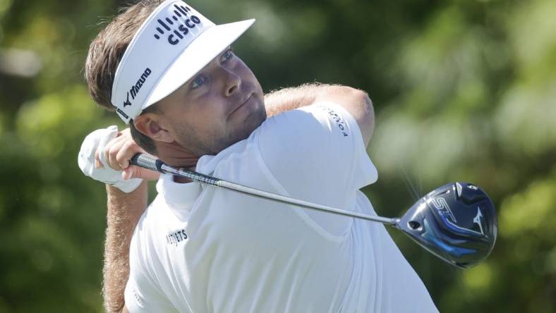 Mar 23, 2024; Palm Harbor, Florida, USA; Keith Mitchell plays his shot on the first tee during the third round of the Valspar Championship golf tournament. Mandatory Credit: Reinhold Matay-USA TODAY Sports