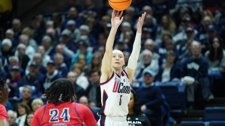 Mar 23, 2024; Storrs, Connecticut, USA;UConn Huskies guard Paige Bueckers (5) shoots the ball against the Jackson State Lady Tigers in the first half at Harry A. Gampel Pavilion. Mandatory Credit: David Butler II-USA TODAY Sports