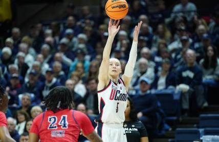 Mar 23, 2024; Storrs, Connecticut, USA;UConn Huskies guard Paige Bueckers (5) shoots the ball against the Jackson State Lady Tigers in the first half at Harry A. Gampel Pavilion. Mandatory Credit: David Butler II-USA TODAY Sports