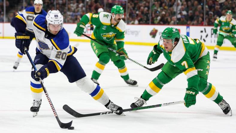 Mar 23, 2024; Saint Paul, Minnesota, USA; St. Louis Blues left wing Brandon Saad (20) skates around Minnesota Wild defenseman Brock Faber (7) during the second period at Xcel Energy Center. Mandatory Credit: Matt Krohn-USA TODAY Sports