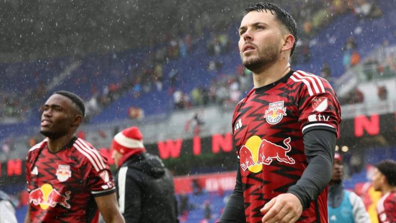 Mar 23, 2024; Harrison, New Jersey, USA; New York Red Bulls midfielder Lewis Morgan (9) after the match against Inter Miami CF at Red Bull Arena. Mandatory Credit: Vincent Carchietta-USA TODAY Sports