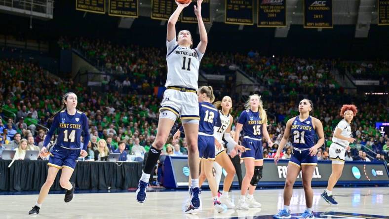 Mar 23, 2024; South Bend, Indiana, USA; Notre Dame Fighting Irish guard Sonia Citron (11) goes up for a shot in the second half against the Kent State Golden Flashes at the Purcell Pavilion. Mandatory Credit: Matt Cashore-USA TODAY Sports