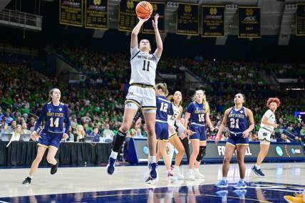 Mar 23, 2024; South Bend, Indiana, USA; Notre Dame Fighting Irish guard Sonia Citron (11) goes up for a shot in the second half against the Kent State Golden Flashes at the Purcell Pavilion. Mandatory Credit: Matt Cashore-USA TODAY Sports