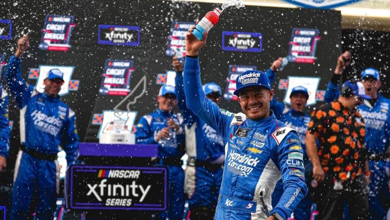 Kyle Larson (17) celebrates winning the NASCAR Xfinity Series Focus Health 250 at the Circuit of the Americas on Saturday, March 23, 2024 in Austin.