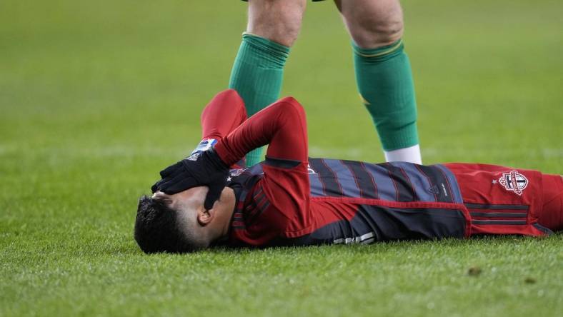 Mar 23, 2024; Toronto, Ontario, USA; Toronto FC forward Lorenzo Insigne (24) injury against Atlanta United at BMO Field. Mandatory Credit: Nick Turchiaro-USA TODAY Sports