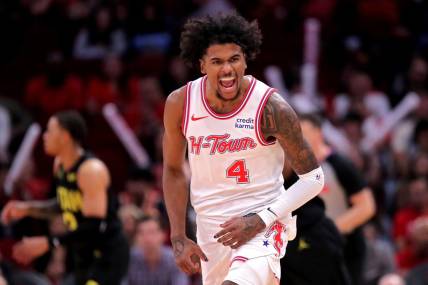 Mar 23, 2024; Houston, Texas, USA; Houston Rockets guard Jalen Green (4) reacts after a made basket against the Utah Jazz during the first quarter at Toyota Center. Mandatory Credit: Erik Williams-USA TODAY Sports