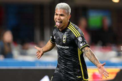 Mar 23, 2024; Charlotte, North Carolina, USA; Columbus Crew forward Cucho Hernandez (9) reacts after scoring a goal that was later overturned to keep scoreless against Charlotte FC at Bank of America Stadium. Mandatory Credit: Cory Knowlton-USA TODAY Sports