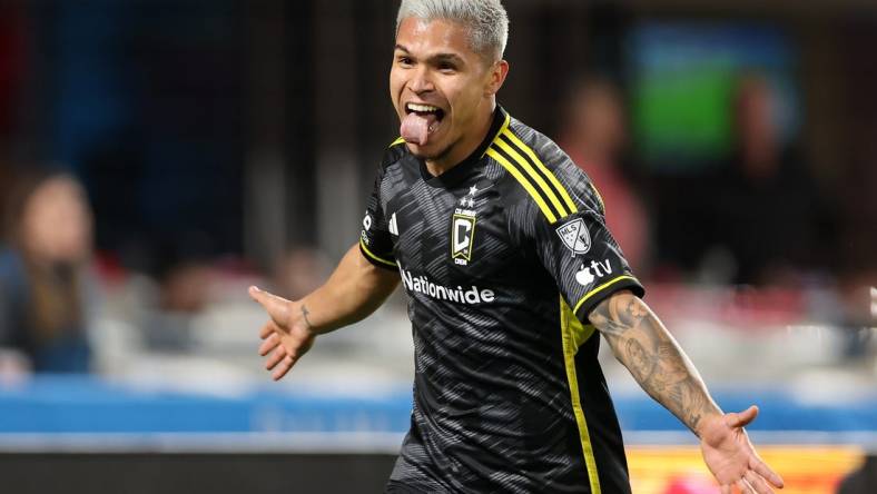 Mar 23, 2024; Charlotte, North Carolina, USA; Columbus Crew forward Cucho Hernandez (9) reacts after scoring a goal that was later overturned to keep scoreless against Charlotte FC at Bank of America Stadium. Mandatory Credit: Cory Knowlton-USA TODAY Sports