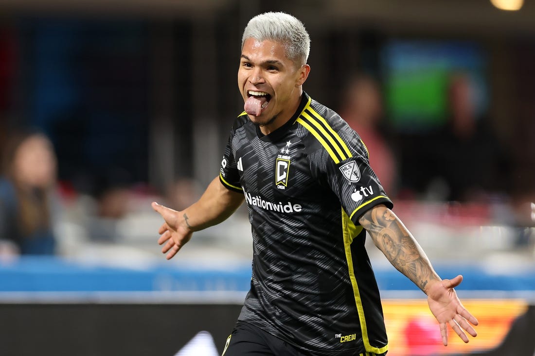 Mar 23, 2024; Charlotte, North Carolina, USA; Columbus Crew forward Cucho Hernandez (9) reacts after scoring a goal that was later overturned to keep scoreless against Charlotte FC at Bank of America Stadium. Mandatory Credit: Cory Knowlton-USA TODAY Sports