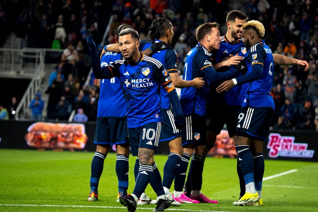 FC Cincinnati midfielder Luciano Acosta (10) gestures after scoring a goal in the second half of the match between FC Cincinnati and New York City FC at in Cincinnati on Saturday, March 23, 2024.