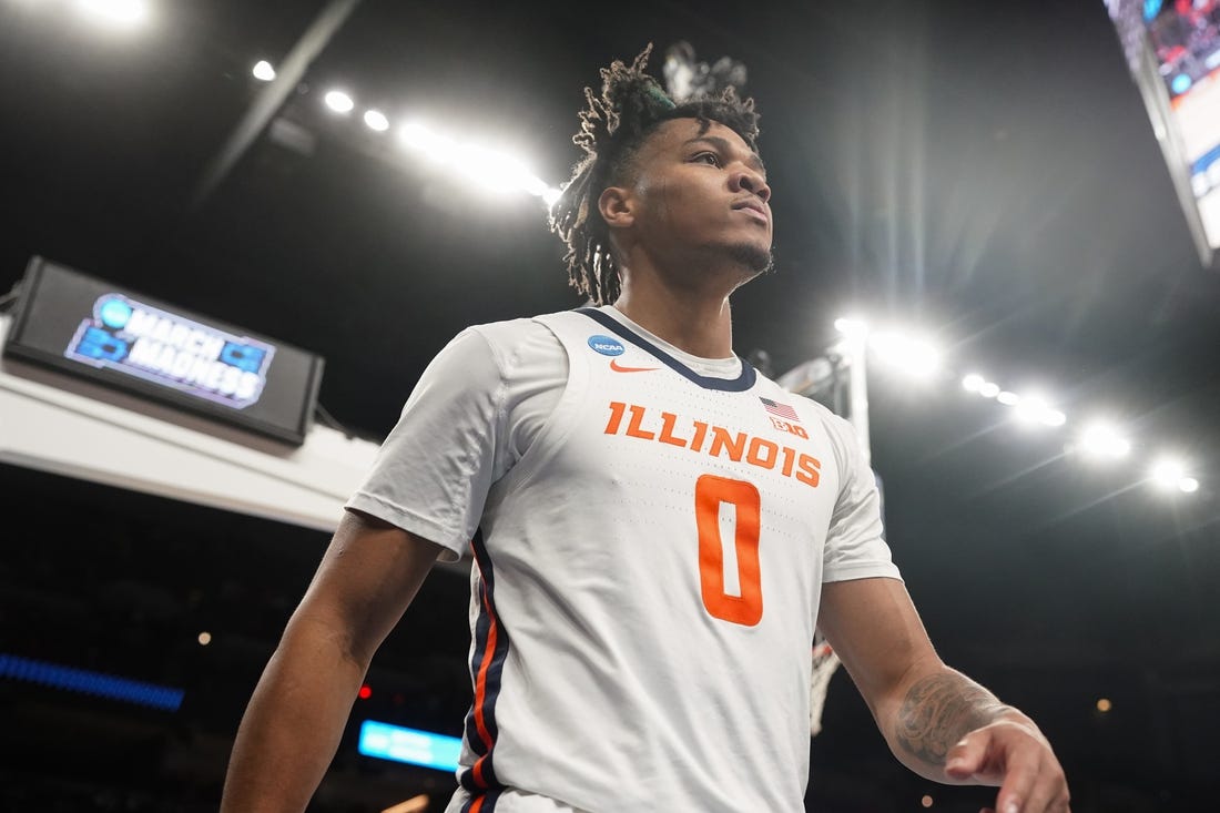 Mar 23, 2024; Omaha, NE, USA; Illinois Fighting Illini guard Terrence Shannon Jr. (0) looks on against the Duquesne Dukes during the second half in the second round of the 2024 NCAA Tournament at CHI Health Center Omaha. Mandatory Credit: Dylan Widger-USA TODAY Sports