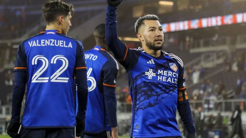 Mar 23, 2024; Cincinnati, Ohio, USA; FC Cincinnati midfielder Luciano Acosta (10) reacts after the victory over New York City FC at TQL Stadium. Mandatory Credit: Katie Stratman-USA TODAY Sports