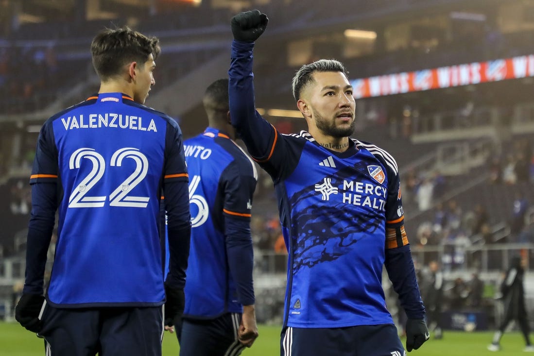 Mar 23, 2024; Cincinnati, Ohio, USA; FC Cincinnati midfielder Luciano Acosta (10) reacts after the victory over New York City FC at TQL Stadium. Mandatory Credit: Katie Stratman-USA TODAY Sports