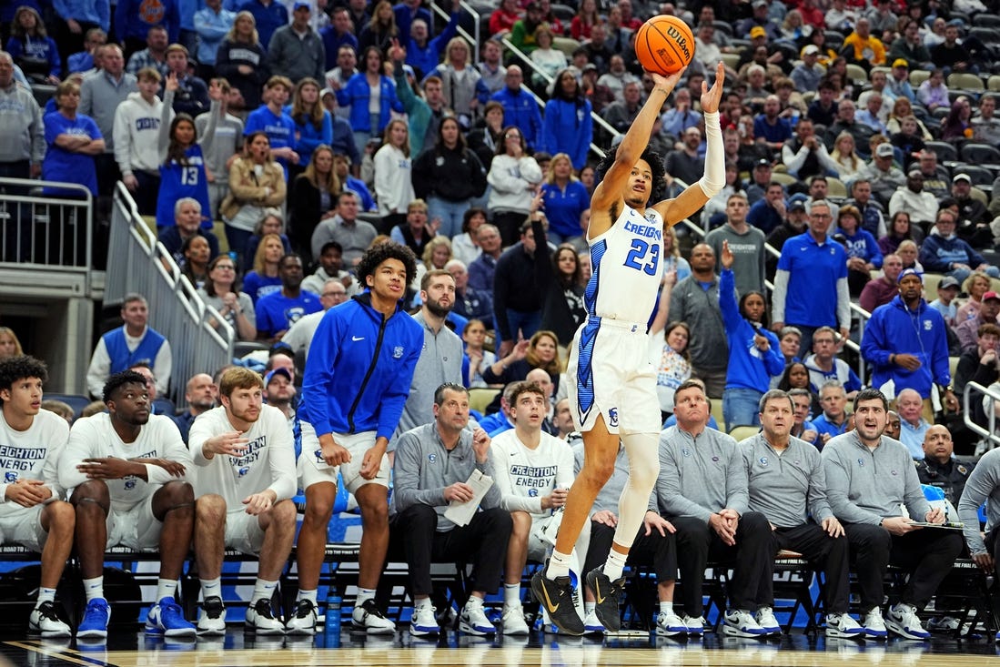 Mar 23, 2024; Pittsburgh, PA, USA; Creighton Bluejays guard Trey Alexander (23) shoots the ball during the second half of the game against the Oregon Ducks in the second round of the 2024 NCAA Tournament at PPG Paints Arena. Mandatory Credit: Gregory Fisher-USA TODAY Sports