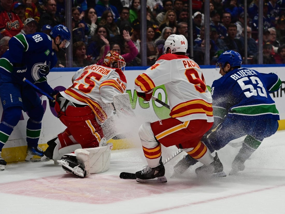 Mar 23, 2024; Vancouver, British Columbia, CAN; Vancouver Canucks forward Nils Aman (88) checks Calgary Flames goaltender Jacob Markstrom (25) during the first period at Rogers Arena. Mandatory Credit: Simon Fearn-USA TODAY Sports