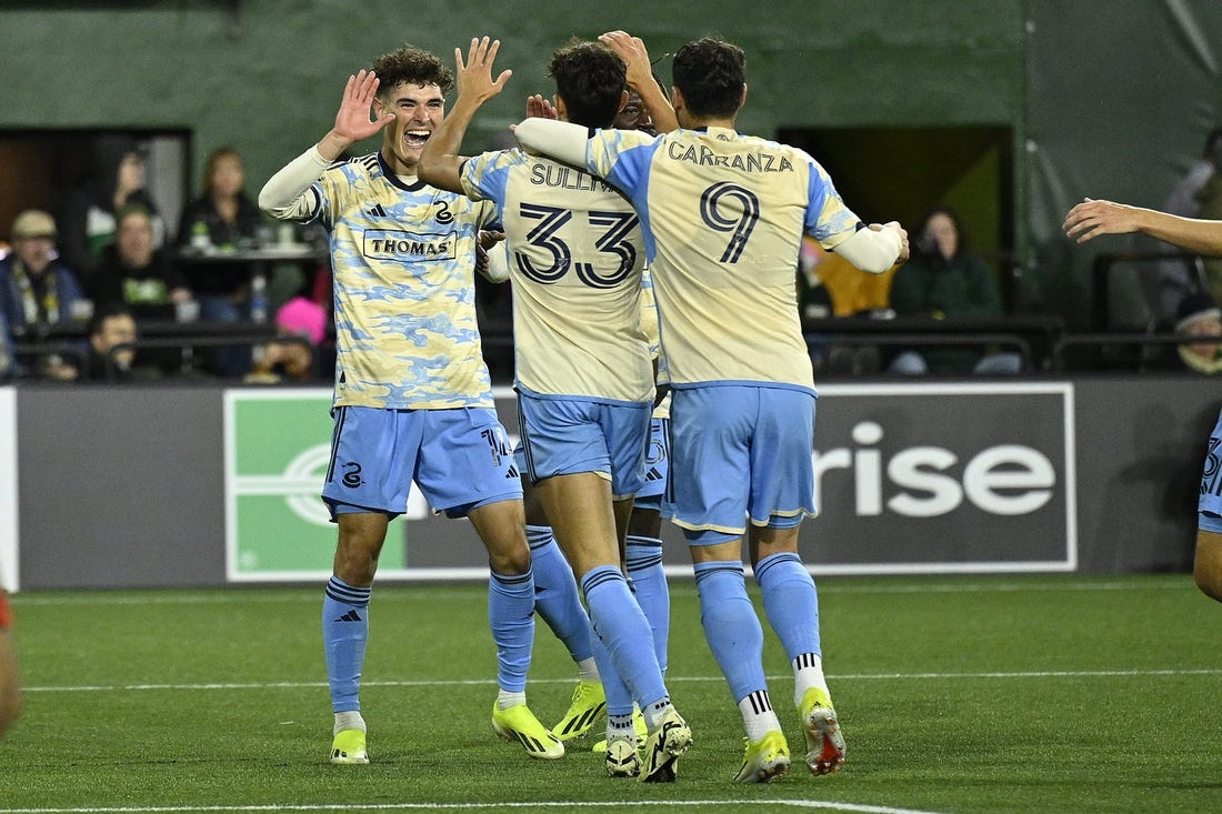 Mar 23, 2024; Portland, Oregon, USA; Philadelphia Union midfielder Quinn Sullivan (33) reacts after scoring a goal against the Portland Timbers in the second half at Providence Park. Mandatory Credit: Troy Wayrynen-USA TODAY Sports