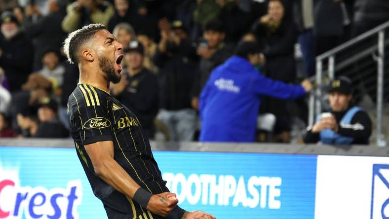 Mar 23, 2024; Los Angeles, California, USA; LAFC forward Denis Bouanga (99) celebrates his goal against Nashville SC during the first half at BMO Stadium. Mandatory Credit: Kiyoshi Mio-USA TODAY Sports